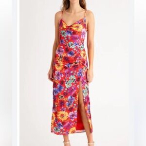Milly Red Floral Maxi Dress with Cowl Neck
